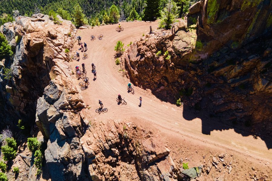 Aerial view of e-bike tour group riding Gold Camp Road Colorado Springs